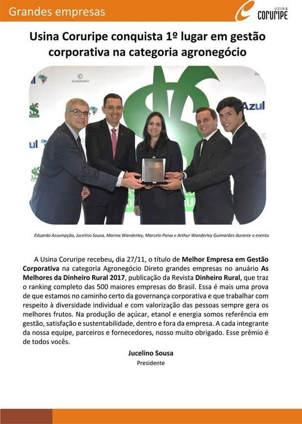 Usina Coruripe conquista 1º lugar em gestão corporativa na categoria agronegócio